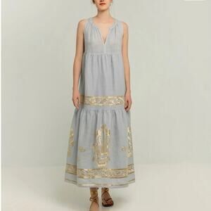 Womens GREEK ARCHAIC KORI Light grey gold embroidered Crete maxi dress Size S